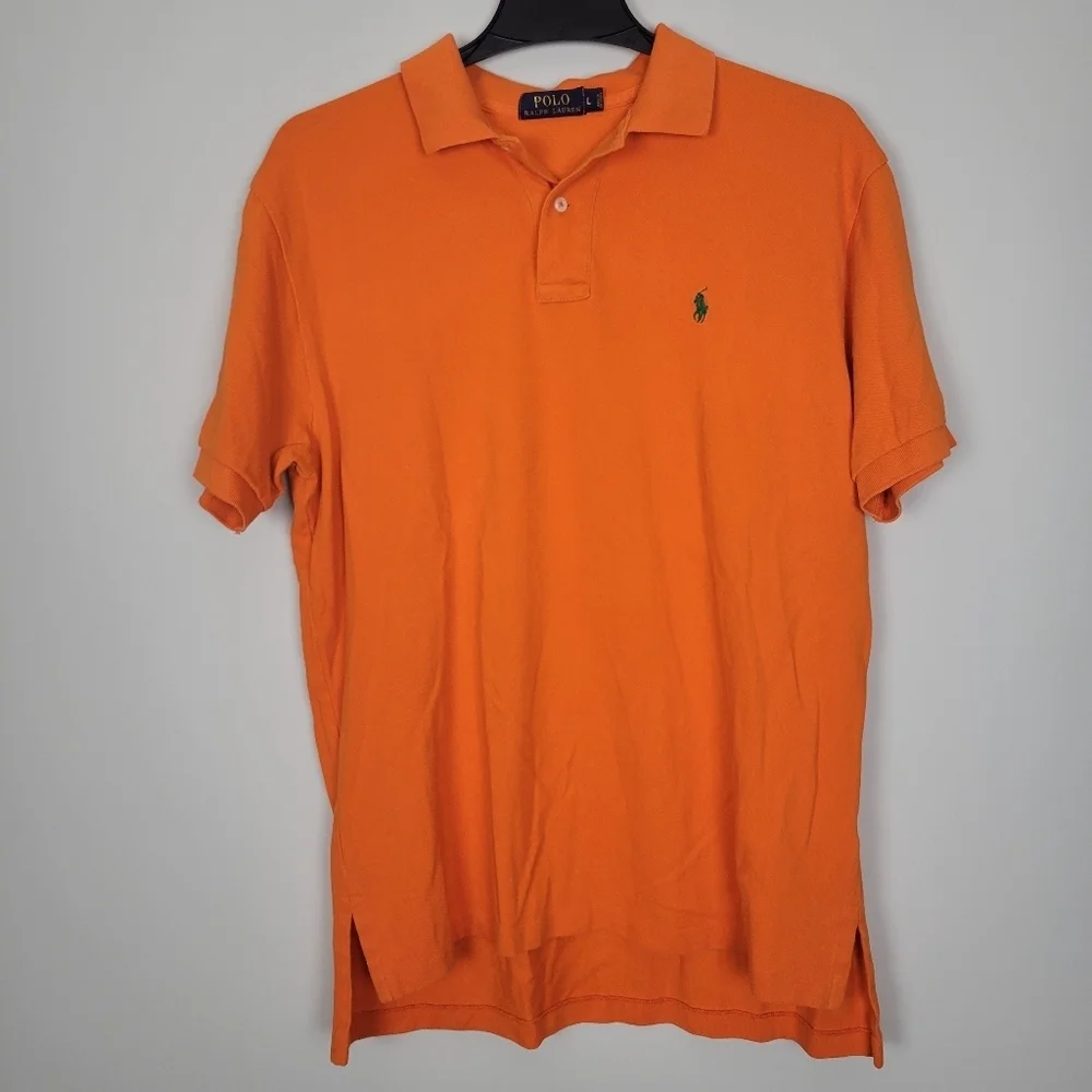 Polo Ralph Lauren Men's L 100% Cotton Solid Orange 2 Button Short Sleeve Polo